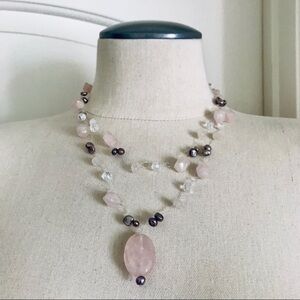 Handmade rose quartz baroque pearls crystal beads statement necklace